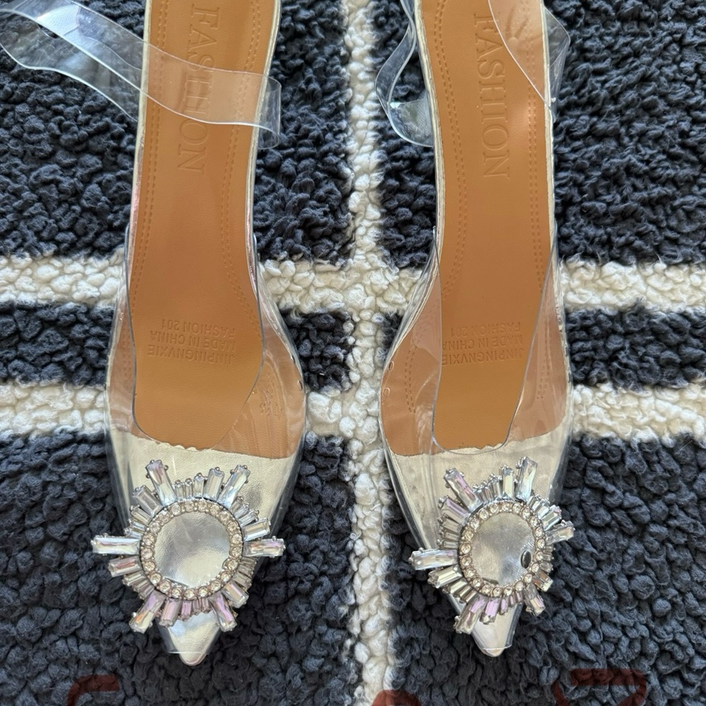 Silver High Heel Pumps with Crystal Embellishments